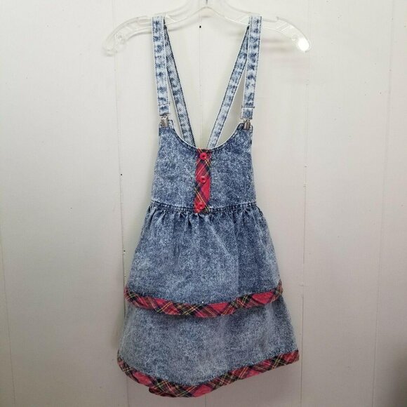 Vintage Acid Wash Denim Blue Jean Plaid Trim Overall Jumper Dress Girls 10 - Picture 1 of 6